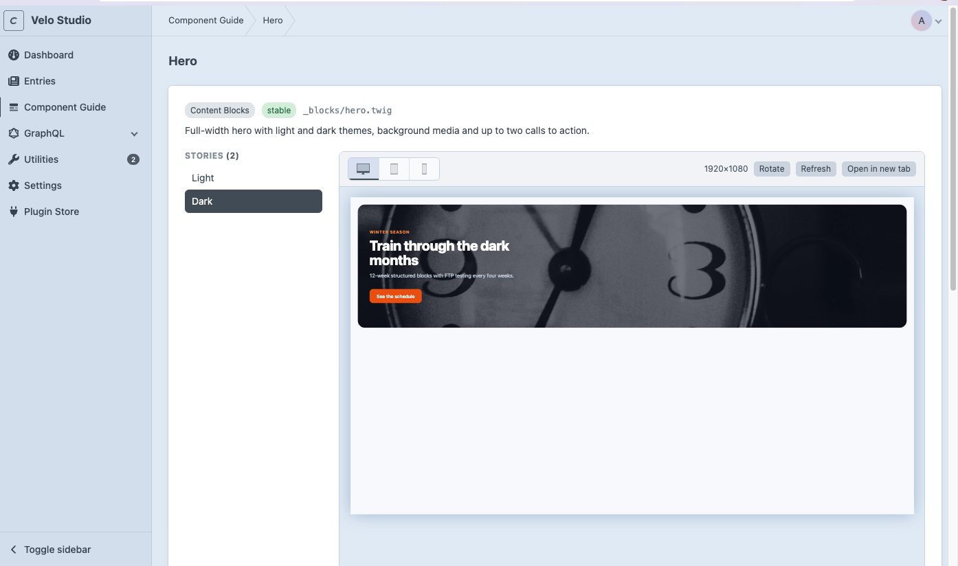 A component page with stories, viewport switcher and isolated preview