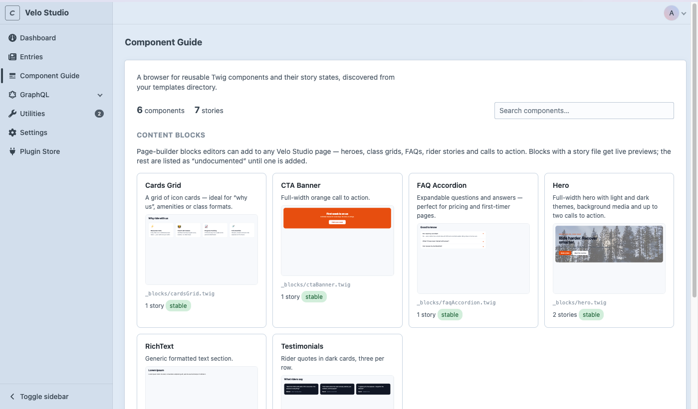 The component index: groups with descriptions and live preview cards