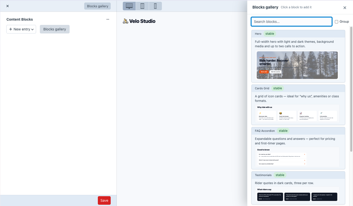The blocks gallery on a page-builder field, where editors add blocks
